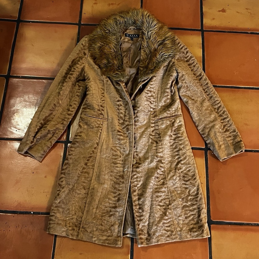 VINTAGE Giacca Coat Womens S Brown Long Faux Fur Velvet Overcoat Penney Lane 90s
